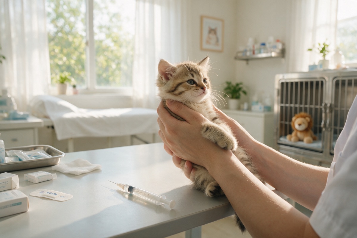 Veteriner kliniğinde elde tutulan tekir yavru kedi