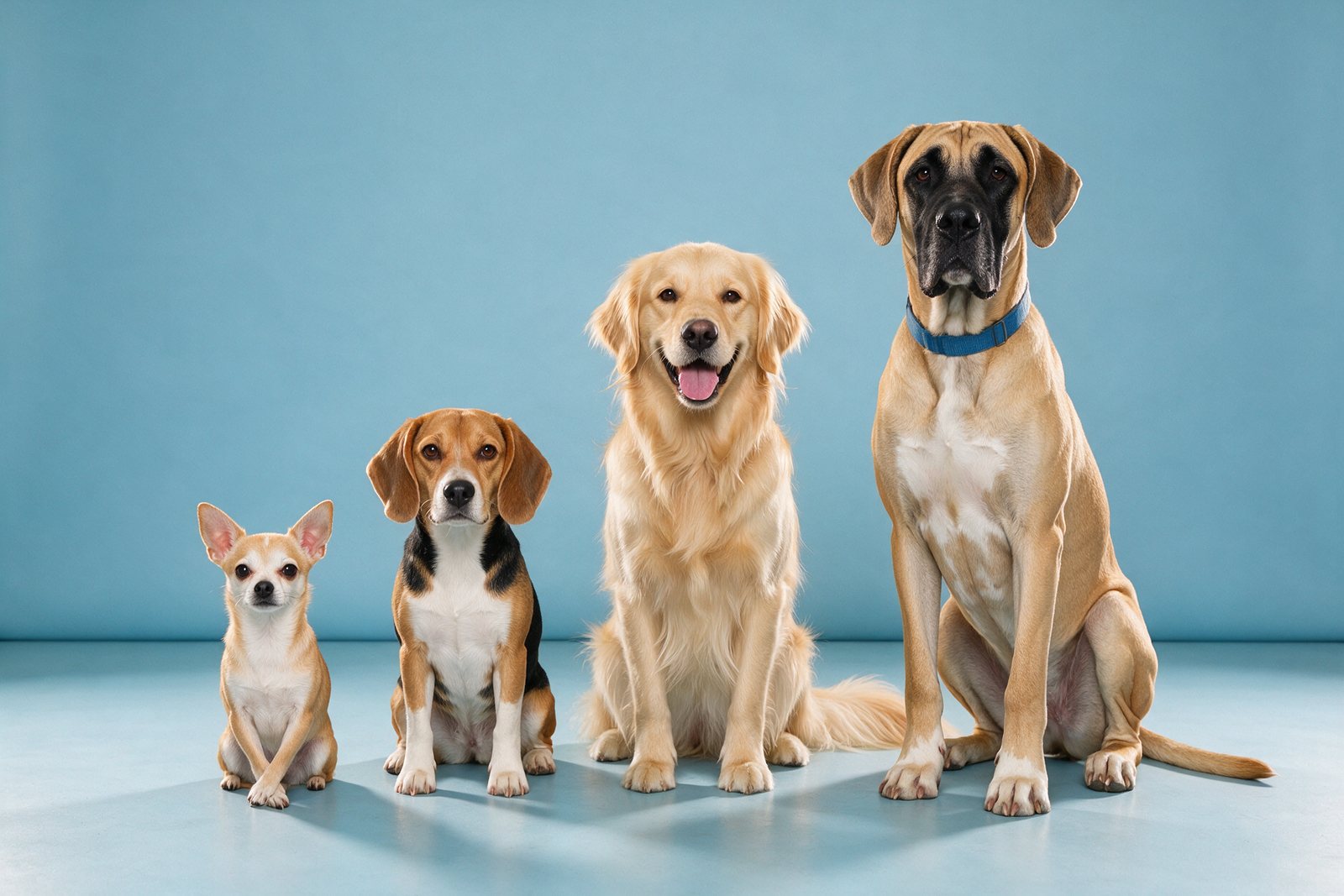 Küçükten büyüğe dört köpek: Chihuahua, Beagle, Golden Retriever ve Great Dane