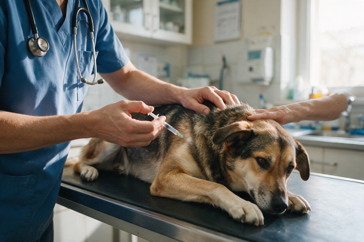Veteriner hekim muayene masasındaki köpeğe kuduz aşısı yapıyor