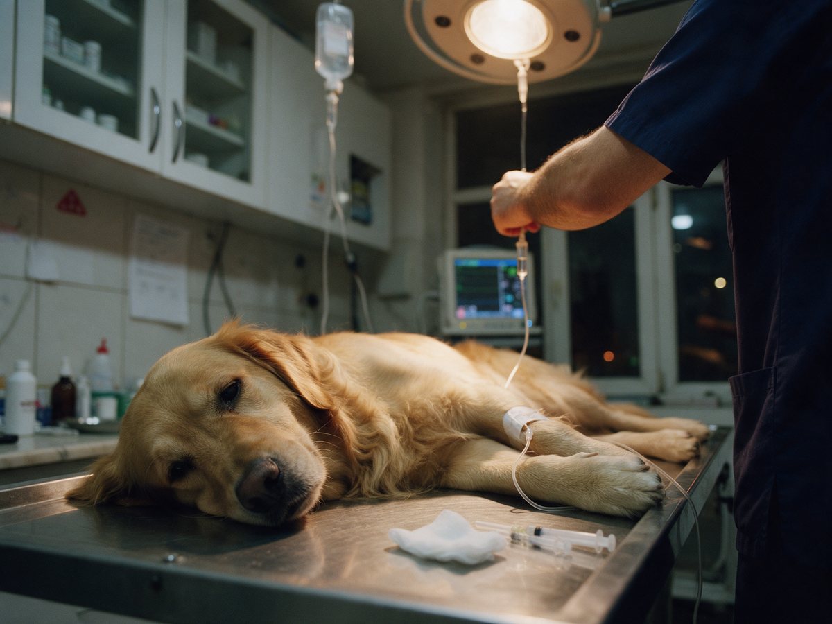 Gece acil serviste serum takılan golden retriever