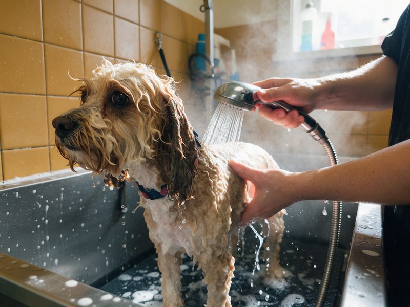 Kuaför odasında köpek banyosu